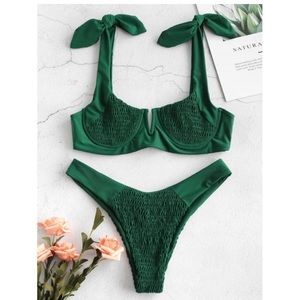 ZAFUL Smocked Tie Shoulder Bikini Set - Deep Green
